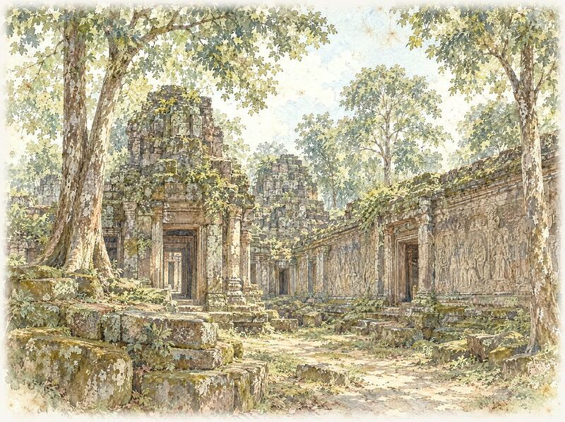 Collapsed sandstone galleries and moss-covered stones in a forest temple