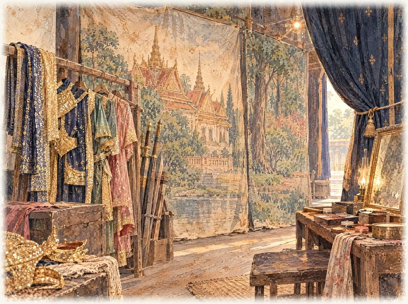 Painted backdrops, costumes and swords backstage at a folk theater