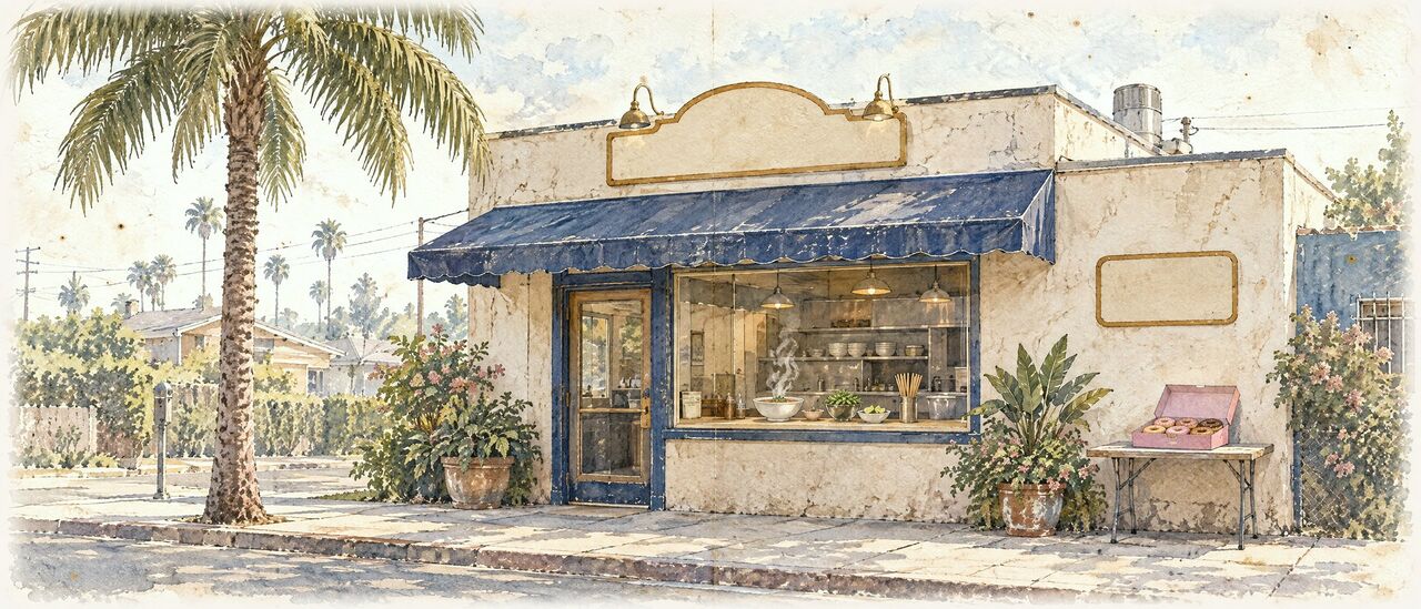 Watercolor of noodle soup, lok lak, baguette sandwiches and a case of donuts on a restaurant counter