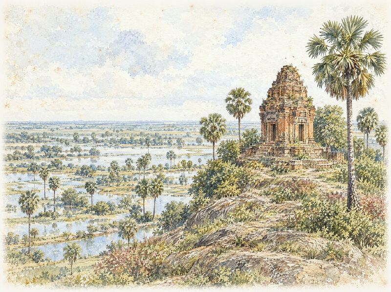 A small brick and laterite temple tower on a granite hill above flooded plains