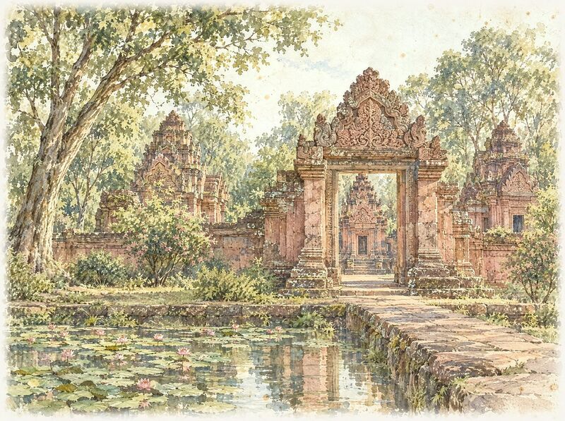 The small red sandstone shrines and finely carved gateways of Banteay Srei