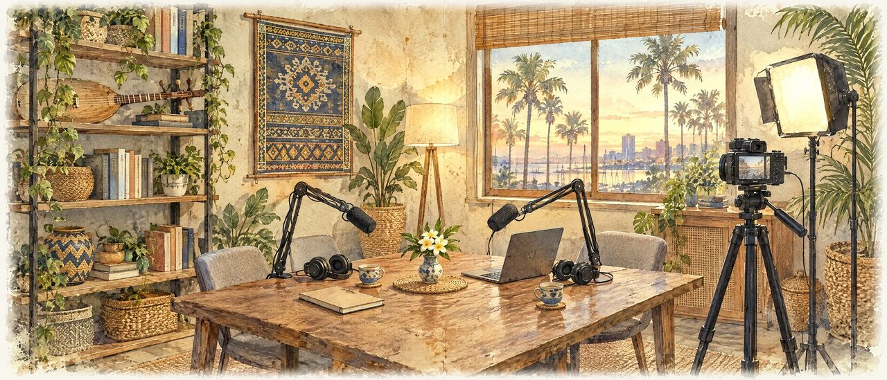 Watercolor of a small home studio with two microphones, headphones, a camera and a chapei lute