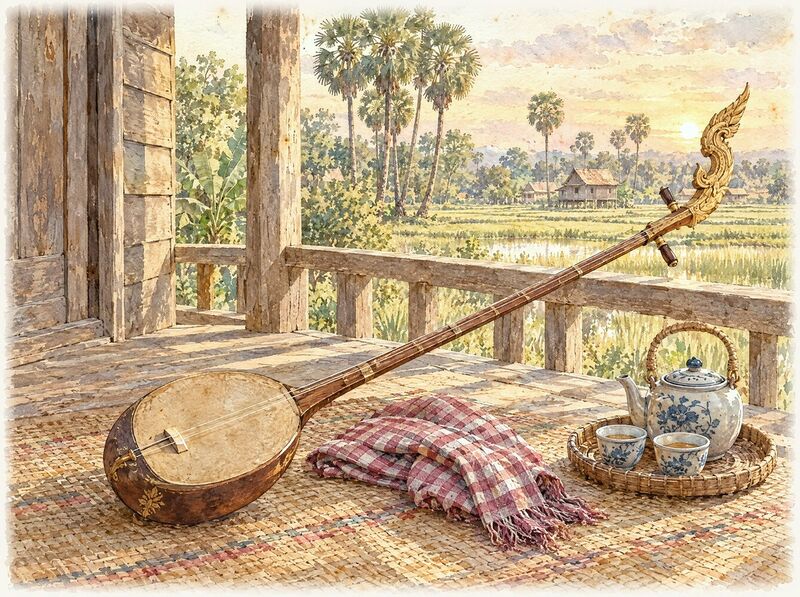 A long-necked chapei lute resting on a woven mat on a wooden house porch