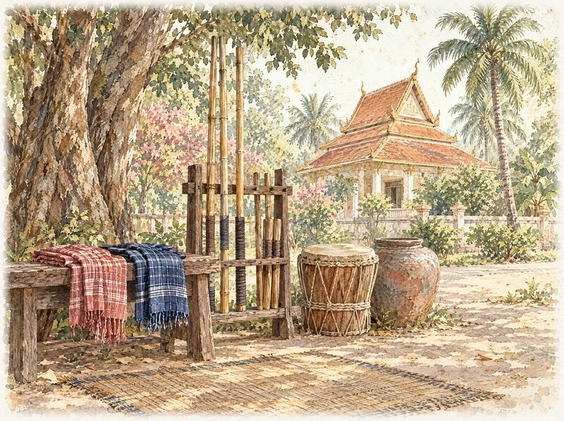 Bokator training ground with krama sashes, bamboo staffs and a drum under trees