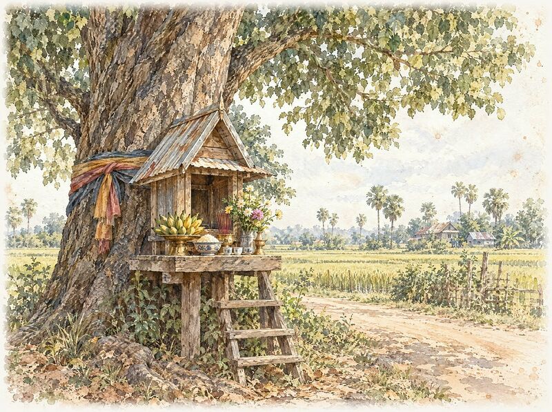 A small spirit shrine with offerings of fruit, flowers and incense beneath a large tree
