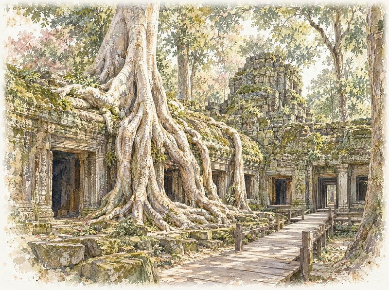Sandstone galleries gripped by giant silk-cotton tree roots at Ta Prohm