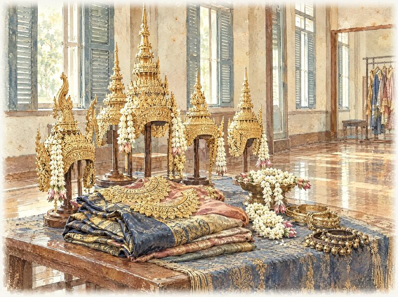 Gilded crowns, silk costumes and jasmine garlands laid out in a rehearsal hall