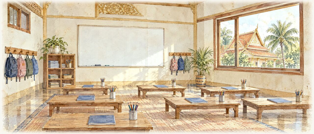 Watercolor of a weekend-school classroom with desks, a chalkboard and backpacks on hooks