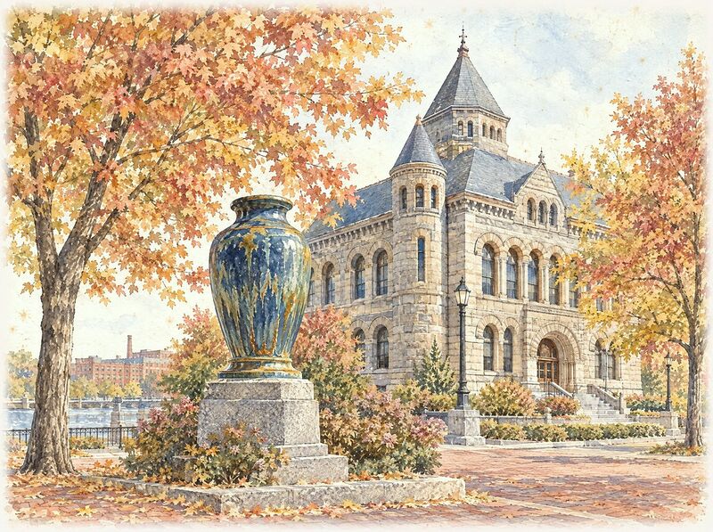 A ceramic memorial in front of a granite city hall with autumn trees