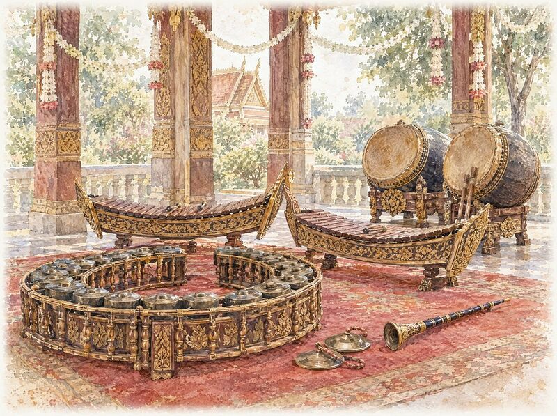 A gong circle, roneat xylophones, skor thom drums and a sralai oboe set out in a temple pavilion