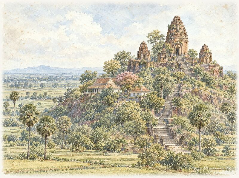 An 11th-century laterite temple on a hilltop above rice fields