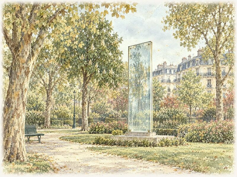 A glass memorial stele among trees in a Paris park