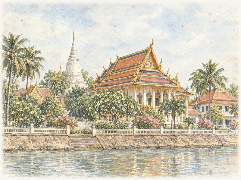 A large riverside temple with tiered roofs and a central stupa