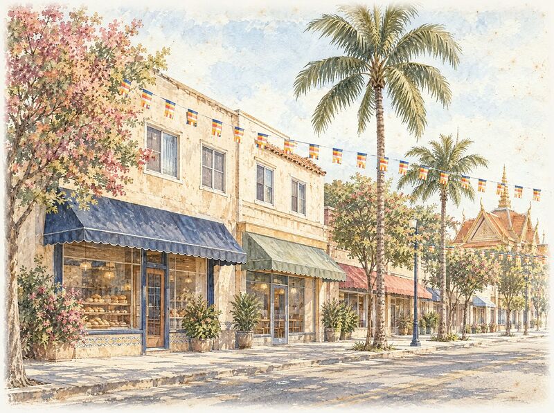 A Long Beach street of stucco storefronts, palms and festival flags