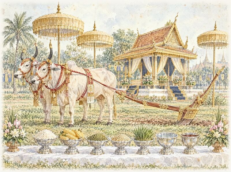 Decorated oxen beside trays of rice, beans, corn, grass, sesame, water and wine