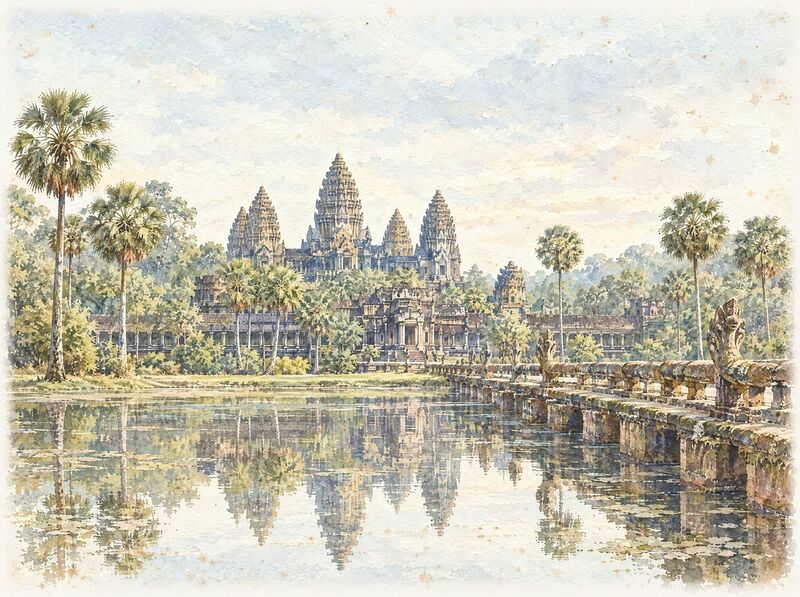 Temple towers rising above forest and a wide moat at Angkor