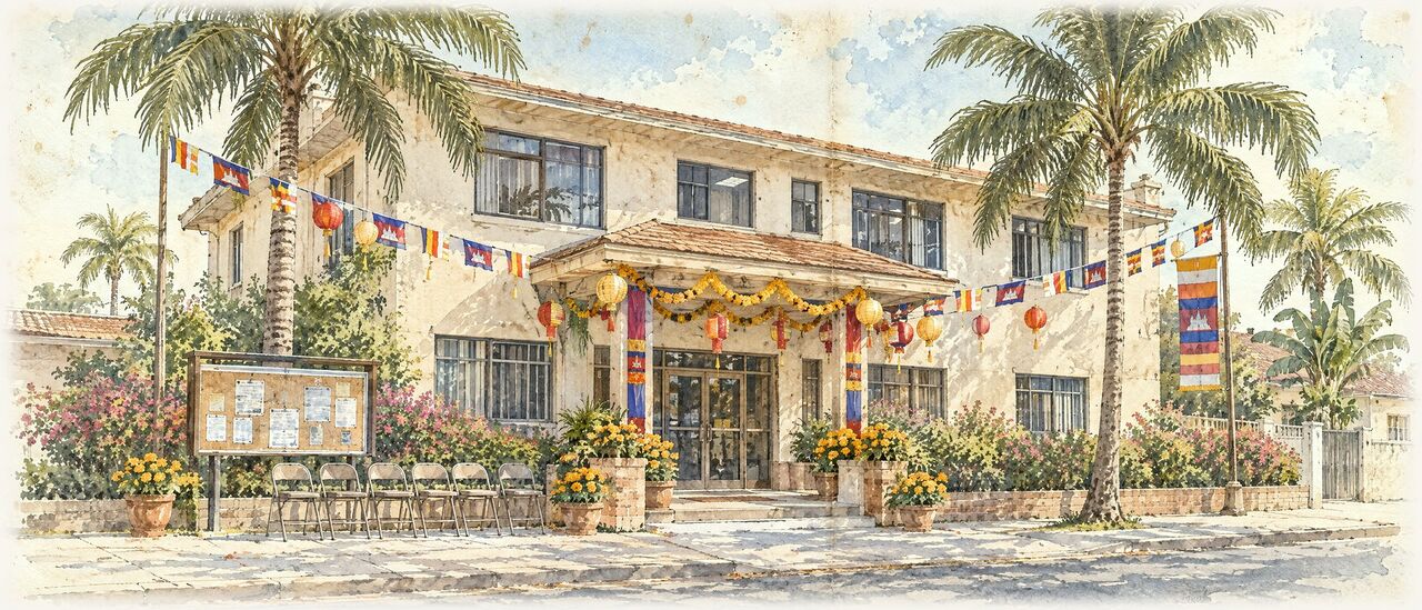 Watercolor of a community center entrance decorated with lanterns, flags and marigolds