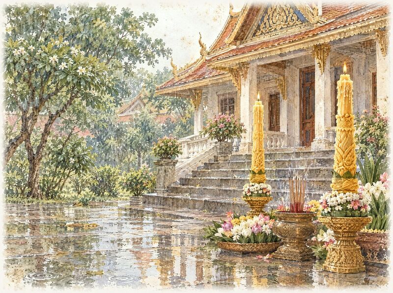 Tall carved beeswax candles and offerings at a temple during the rainy season