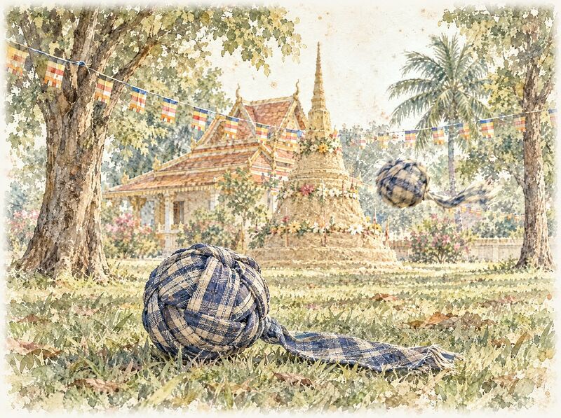 A knotted krama ball resting on grass between two temple trees at New Year
