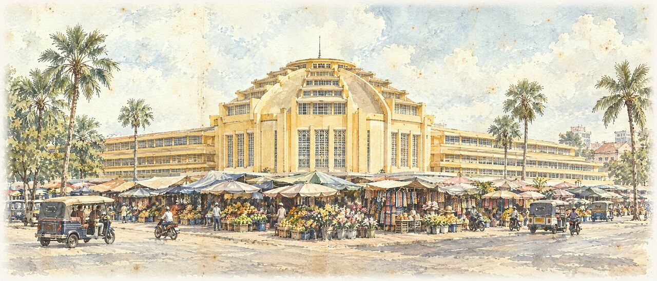 Watercolor of a sunny strip-mall plaza with a donut shop, a noodle restaurant, a grocery and a silk shop under palm trees