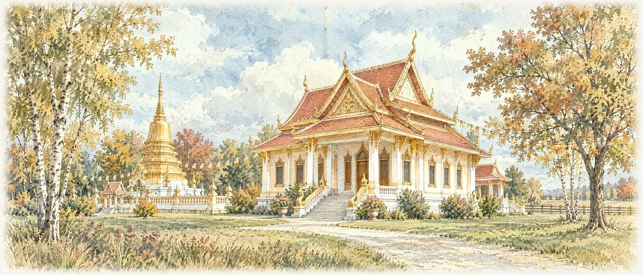 Watercolor of a Cambodian-style wat beside palms and a lotus pond