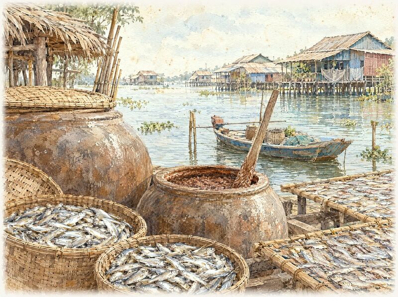 Clay jars of prahok, baskets of small fish and drying racks by a floating village