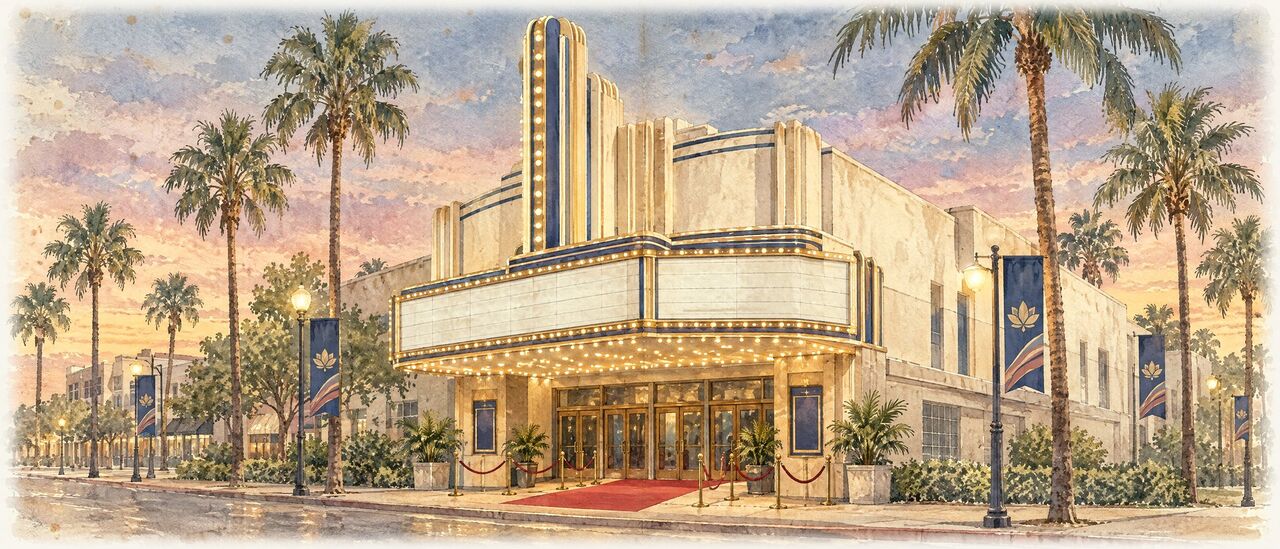 Watercolor of a small screening room with a projector beam and empty plum seats