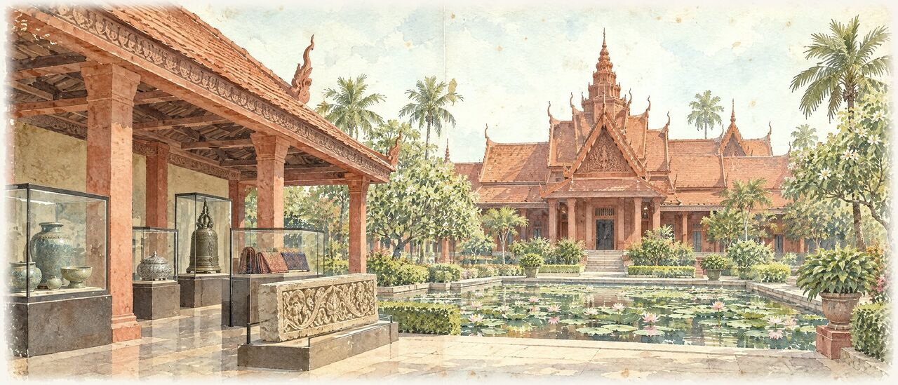 Watercolor of ceramics, a silver betel box, silk and a bronze bell in museum cases