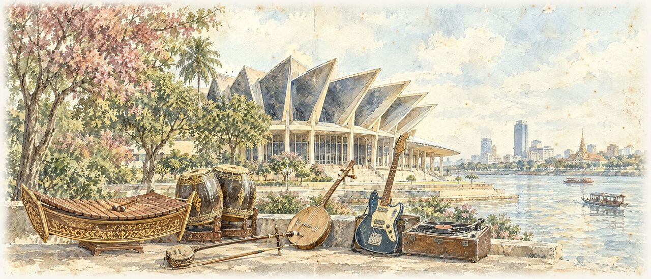 Watercolor of a roneat, skor drums and a fiddle beside an electric guitar and a turntable