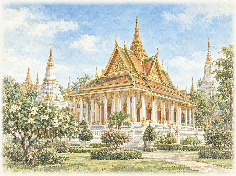 The Silver Pagoda's tiered roofs and white stupas in the Royal Palace grounds