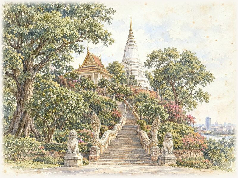 The hilltop temple and white stupa of Wat Phnom among large trees
