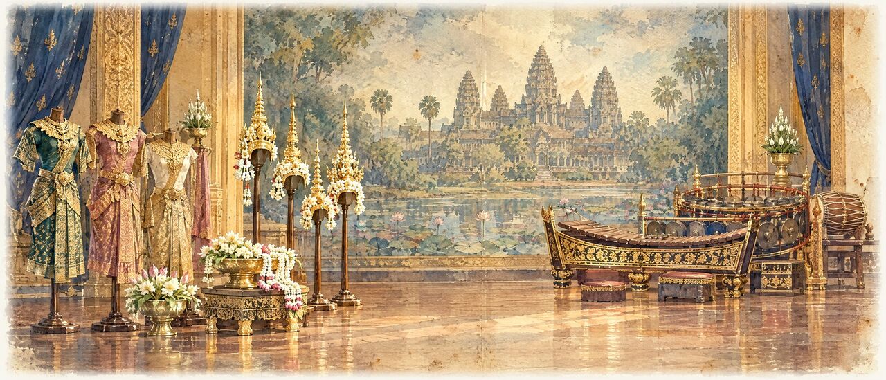 Watercolor of Khmer instruments, books and a film reel arranged on a table