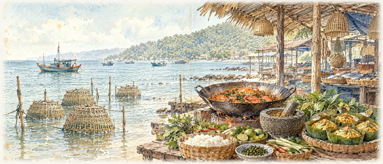 Watercolor of a Khmer table with fish amok, noodle soup, herbs and a mortar of kroeung