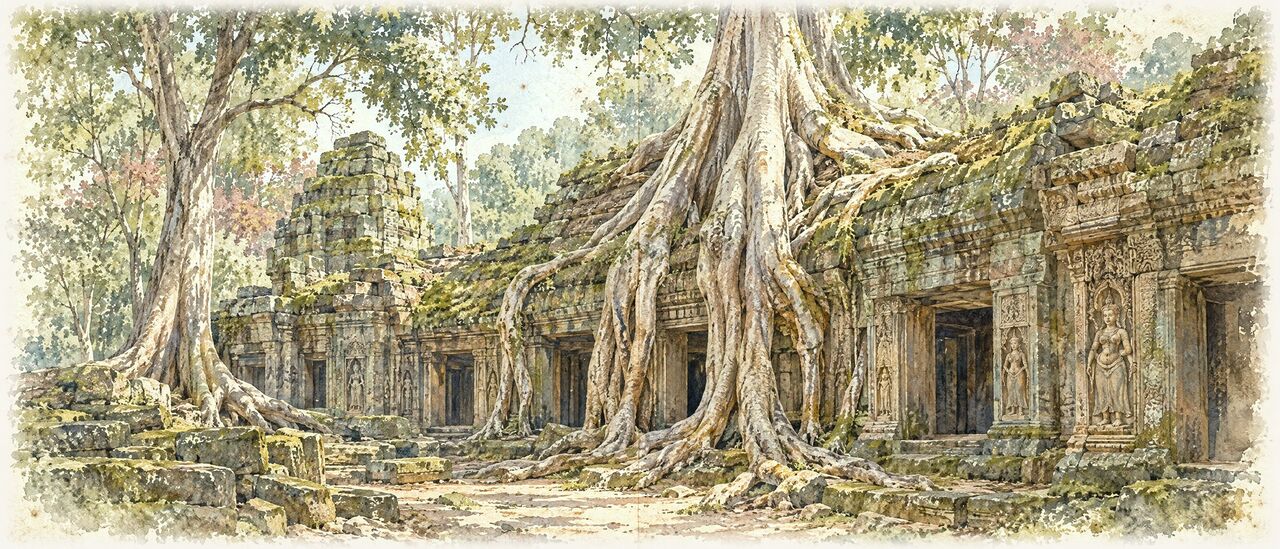 Watercolor of weathered sandstone ruins with silk-cotton tree roots in a forest