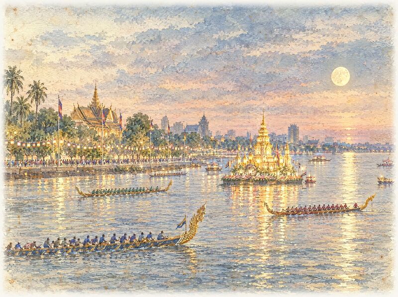 Long racing boats with carved prows on a wide river at dusk, lanterns and an illuminated float
