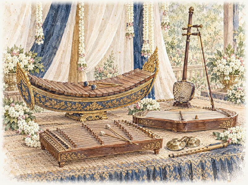 Mohaori instruments, a roneat xylophone, a tro fiddle and a khim, on a decorated stage