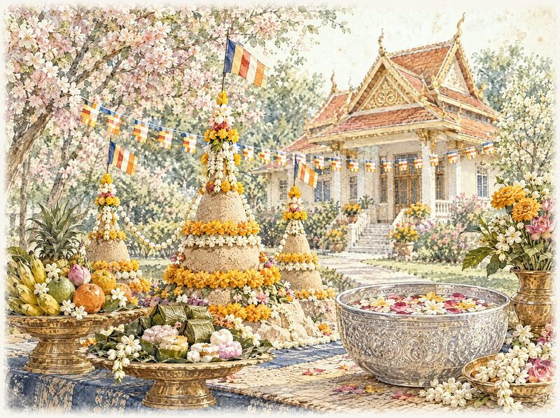 Sand stupas with small flags, jasmine and a silver water bowl in a temple yard in spring