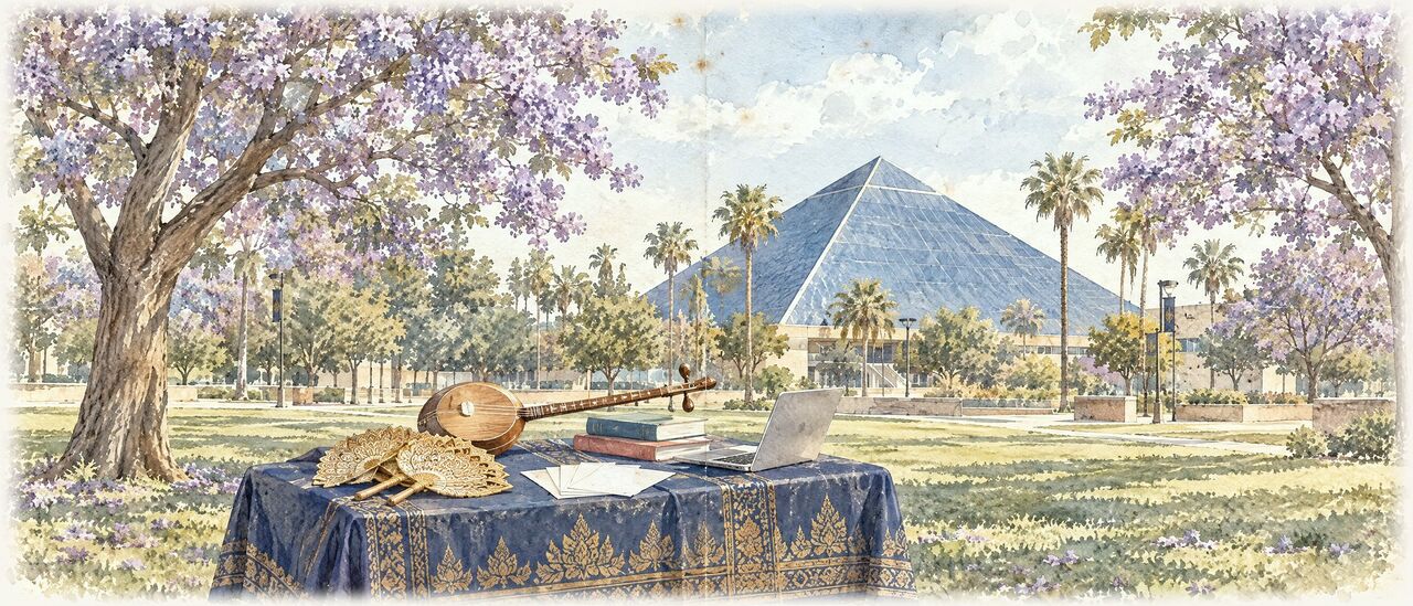 Watercolor of a club table on a campus lawn with dance fans, books and a laptop