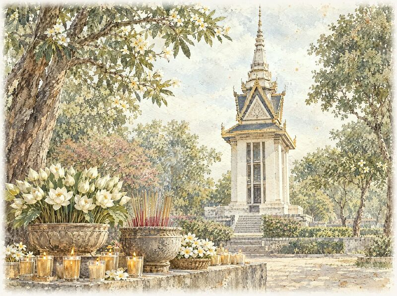 Candles, lotus flowers and incense at the foot of a white memorial stupa