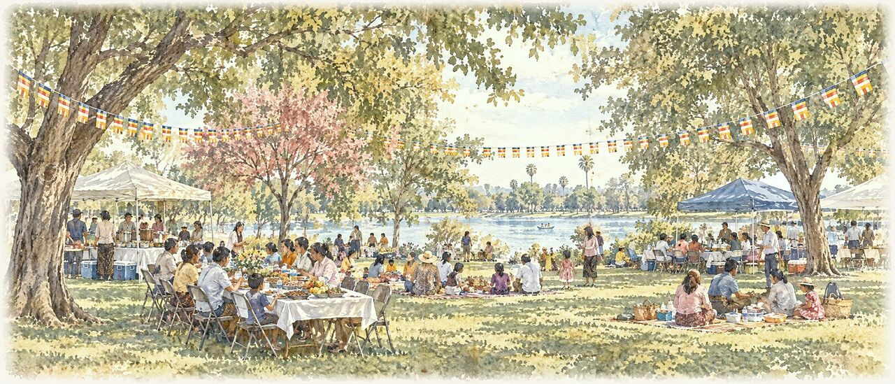 Watercolor of Cambodian families of several generations sharing lunch at a long table in a community hall