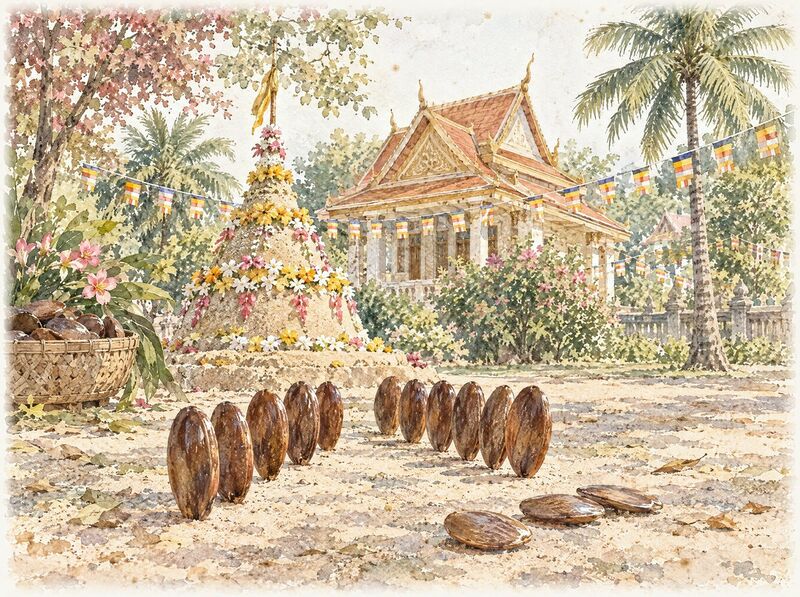 Rows of large flat angkunh seeds on swept ground in a temple yard