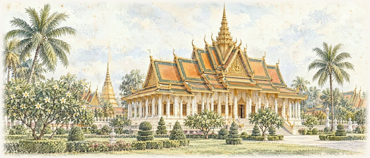 Watercolor combining a Cambodian-style wat, palms, a lotus pond, carved stone and a krama textile
