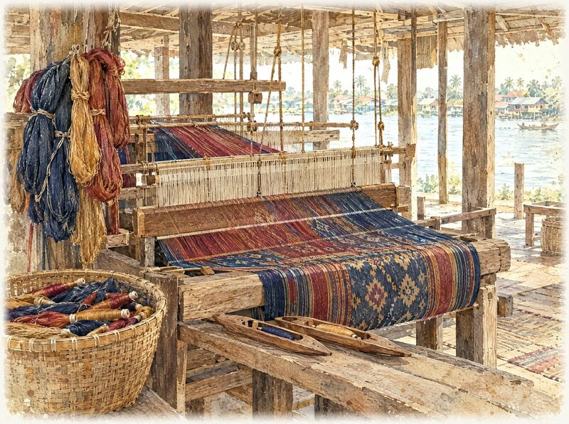 A wooden loom with tied-and-dyed hol silk threads and a half-woven patterned cloth