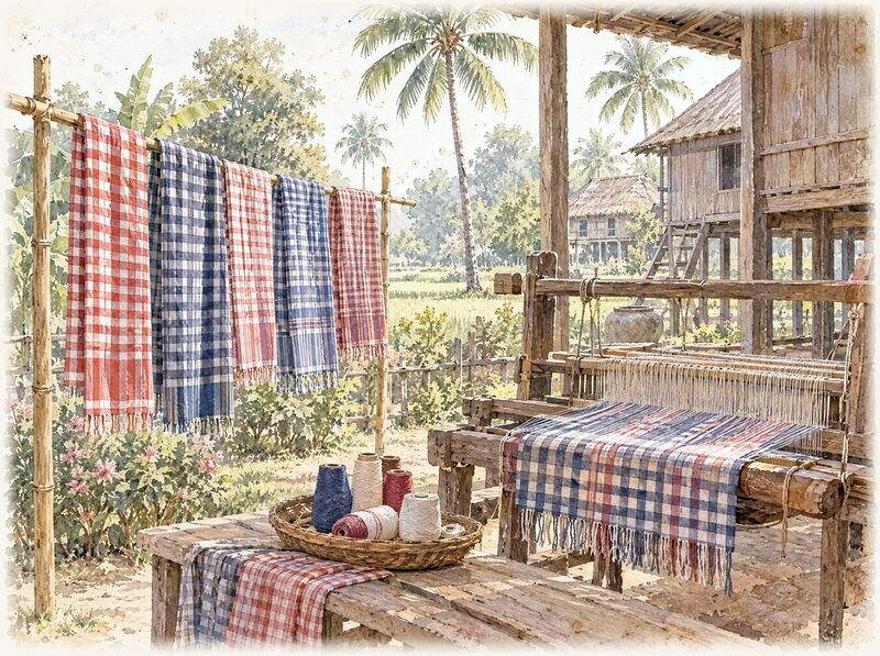 Checkered krama cloths drying on a line beside a wooden loom
