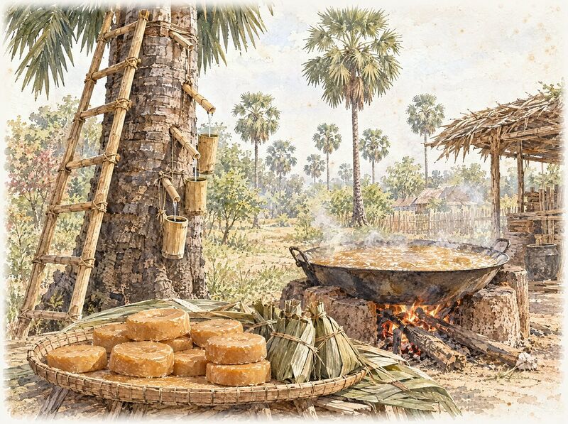 Bamboo sap tubes, a wood fire and a wide pan of bubbling palm sugar under sugar palms