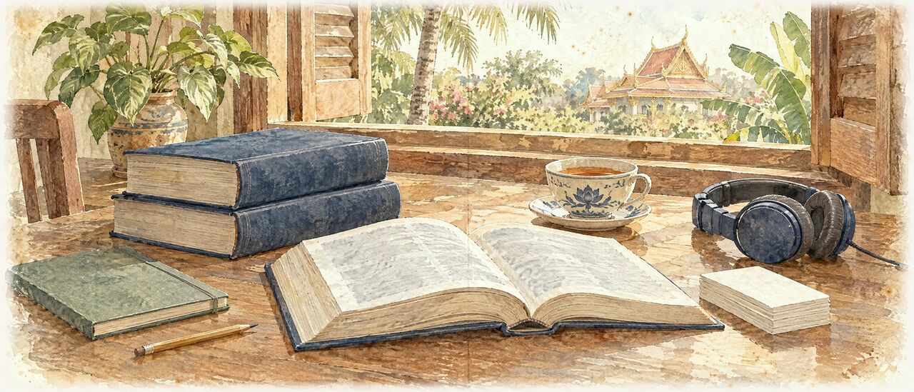 Watercolor of a study desk with a notebook, dictionary, flash cards and headphones