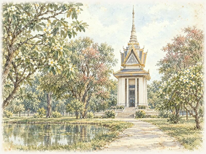The tall white memorial stupa of Choeung Ek among quiet trees