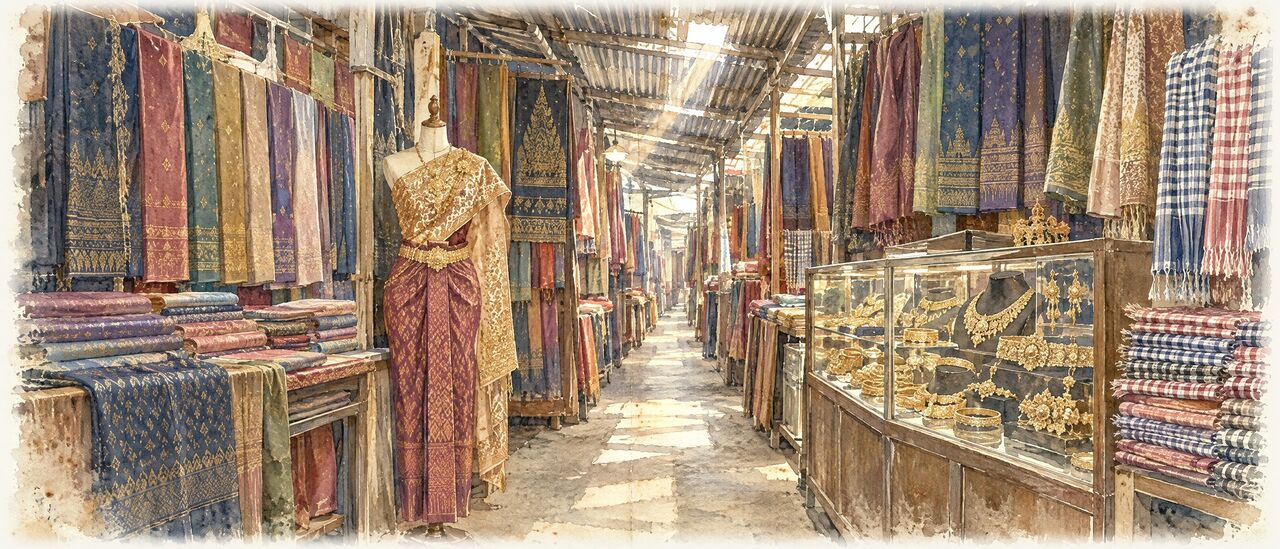 Watercolor of Khmer wedding outfits on dress forms beside folded silk and jewelry