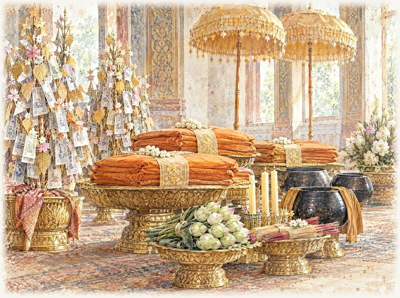 Saffron robes folded on trays, money trees and offerings arranged in a temple hall