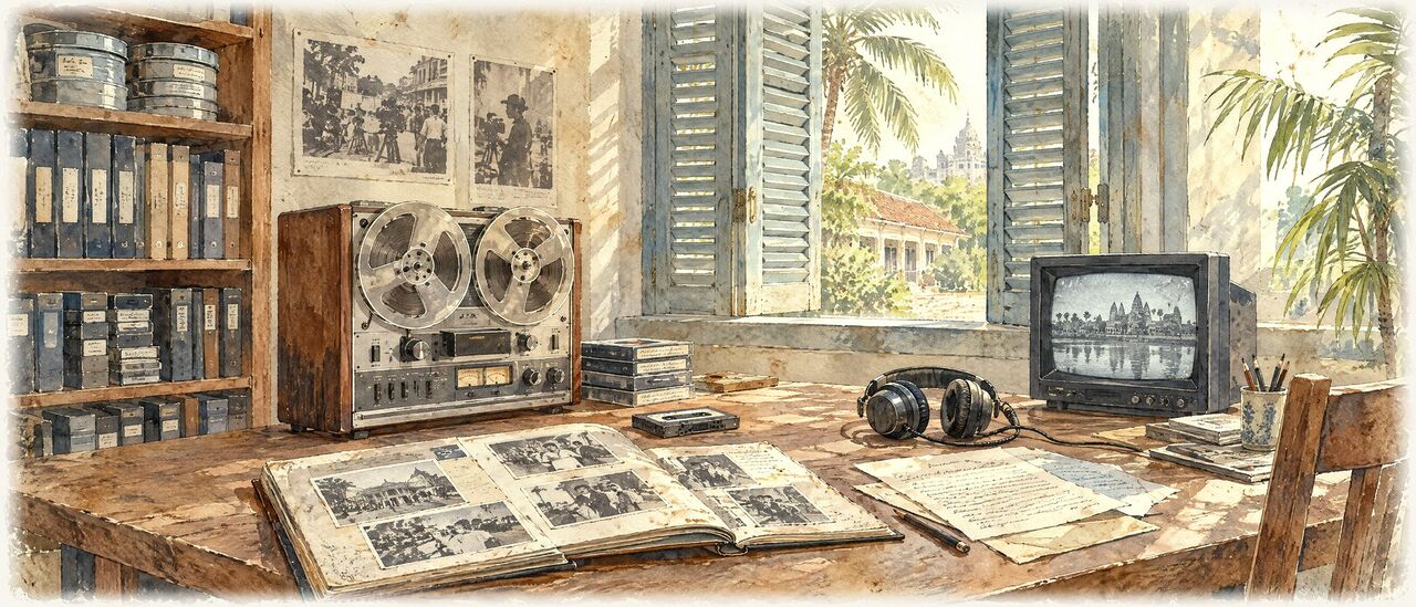 Watercolor of a cassette recorder, a phone, a photo album and letters on a kitchen table